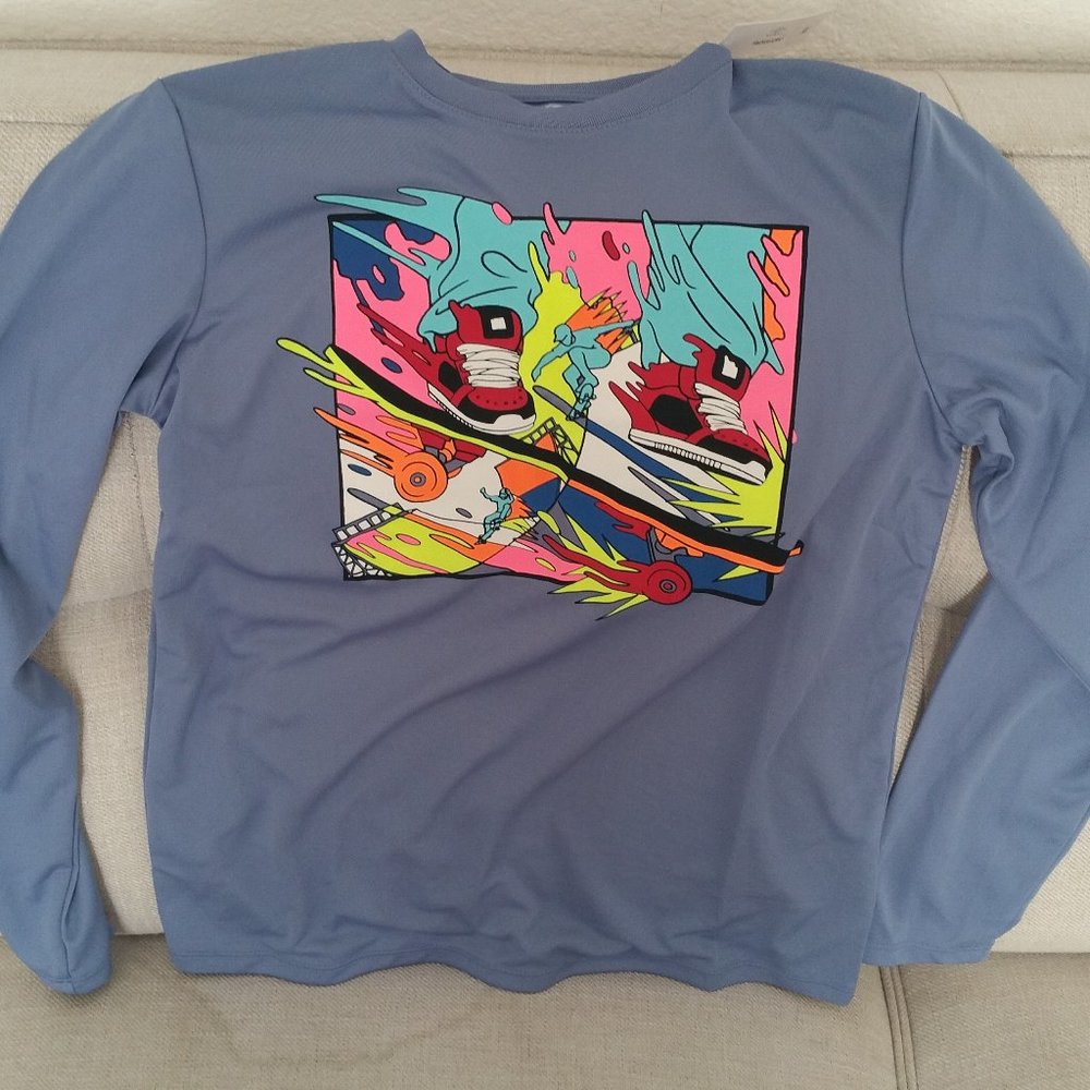 NWT Athletic 90s Style Long Sleeve Graphic Tee Skater Kids Large (10-12) Blue